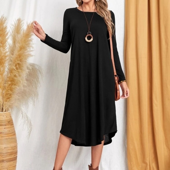 Long sleeve curved hem midi dress POCKETS black - Picture 1 of 8